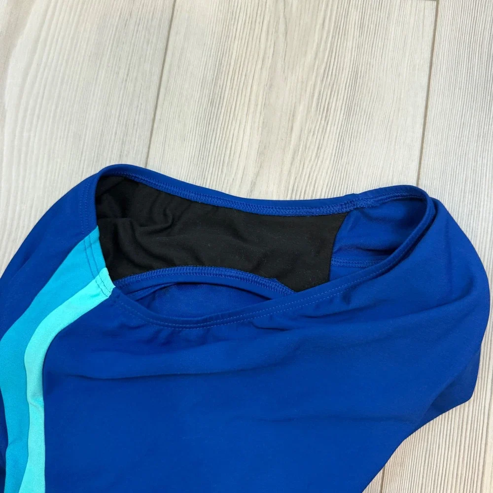 Lands End Blue Turquoise Colorblock One Piece Swimsuit Cross Back Size 10